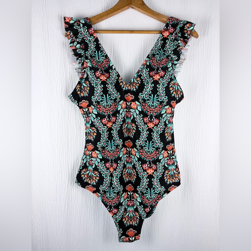 One-Piece Swimsuit, Dark Damask Pattern, Size Medium